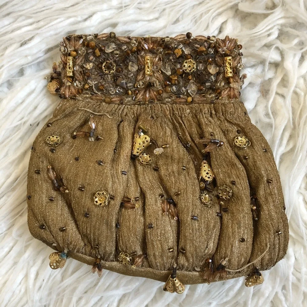 Meeras Nilofer Shahid Tan Gold Hand Beaded Pakistani Silk Evening Bag Clutch